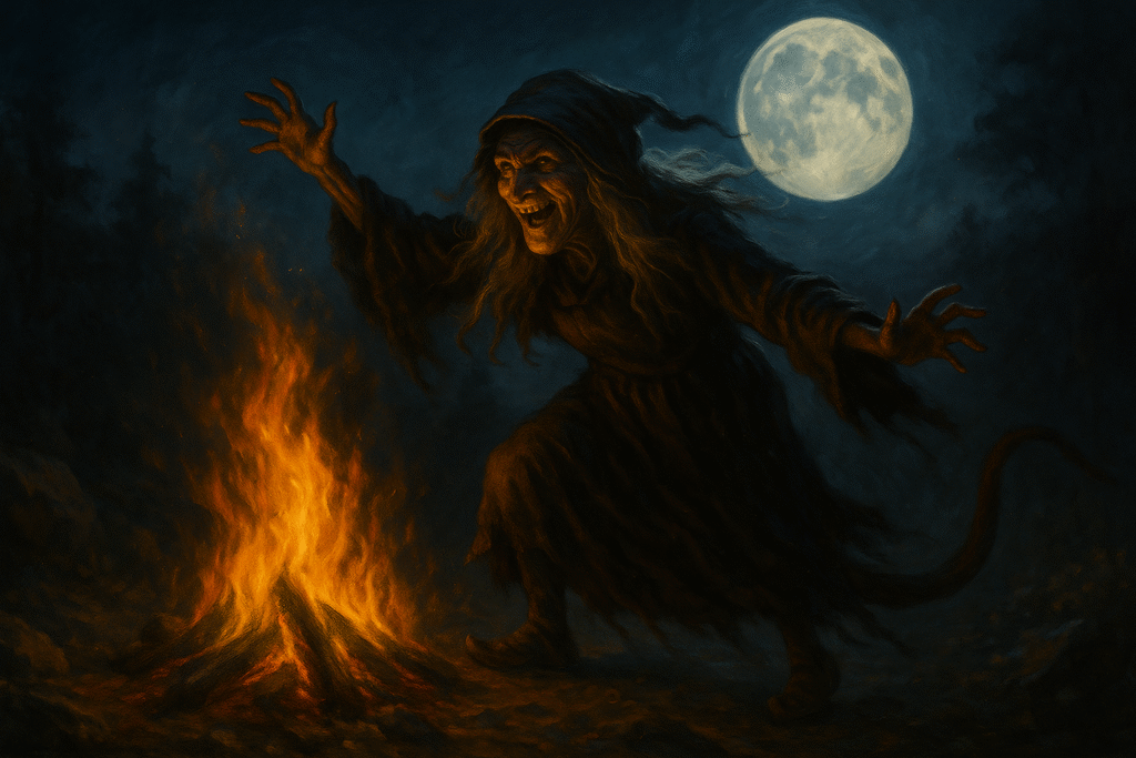 Shapeshifting Kudiani witch with animal tail performing mountain magic under a full moon, depicted in mystical folklore art.