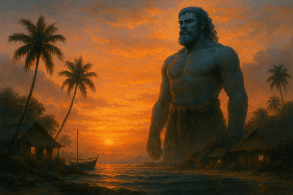 A towering guardian spirit watching over a Maldivian fishing village at sunset, with a gentle but powerful presence, surrounded by warm golden light and palm trees, illustrated in a mystical fantasy art style.