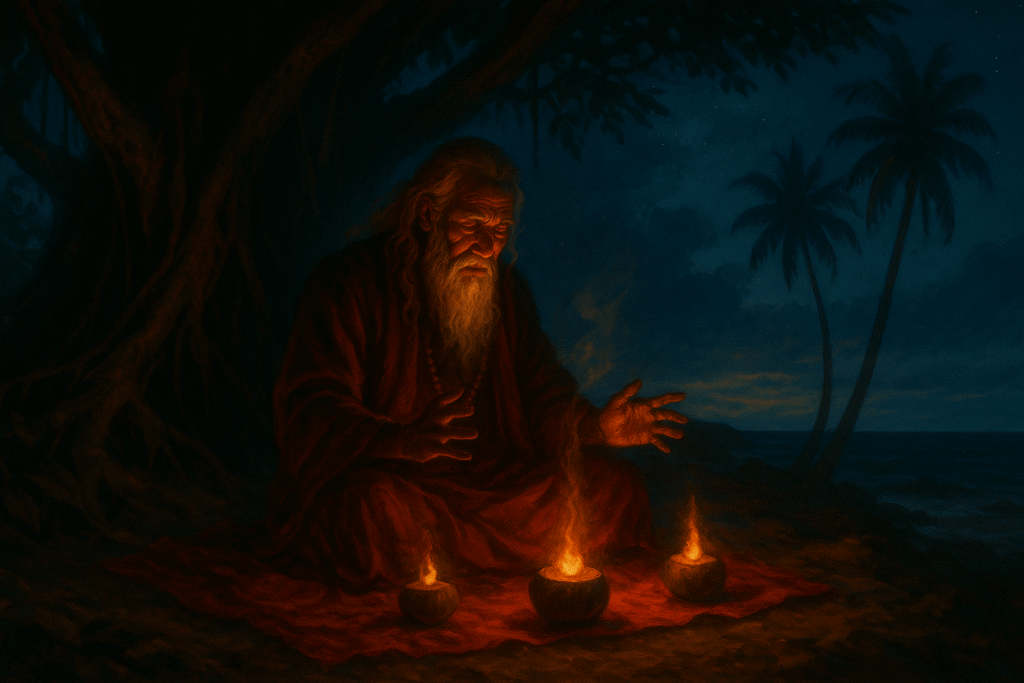 An elder performing a traditional Maldivian fanditha ritual beneath a banyan tree at night, surrounded by glowing coconut oil lamps and warm flickering firelight, with the ocean in the background, illustrated in mystical fantasy art style.