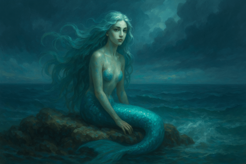 A beautiful but eerie Maldivian sea spirit with flowing seafoam-like hair and a shimmering turquoise mermaid tail, sitting on coral rocks beneath stormy monsoon clouds in mystical fantasy art style.