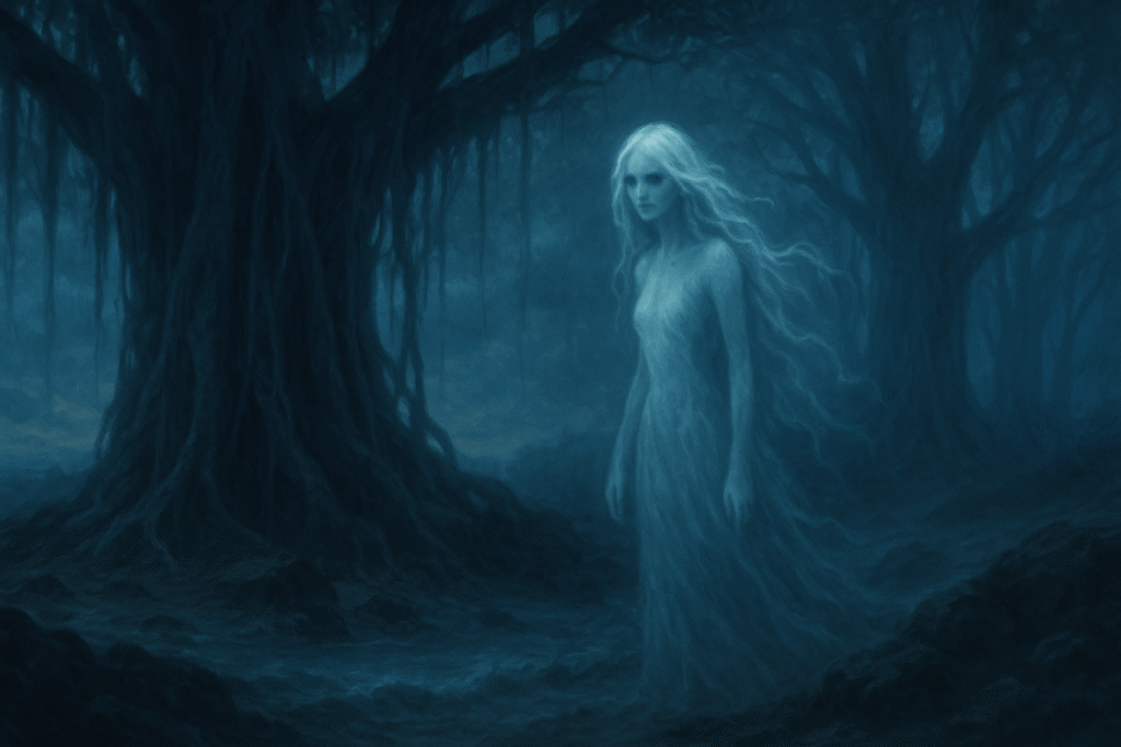 A pale ghostly spirit with flowing white hair drifting silently among banyan trees on an abandoned Maldivian island, surrounded by soft mist and cool blue shadows in a haunting mystical fantasy art style.