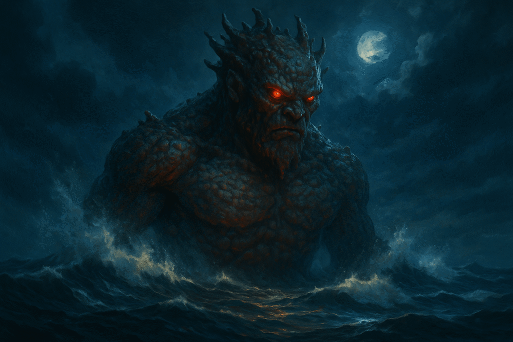 A colossal sea demon with coral-like skin and glowing red eyes rising from stormy ocean waves under a moonlit sky, depicted in dramatic mythical fantasy art.