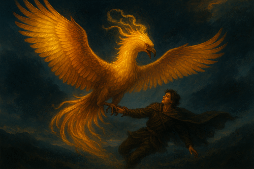 Golden Paskunji bird with glowing feathers rescuing a hero from the underworld, shown in vibrant mythical creatures fantasy art.