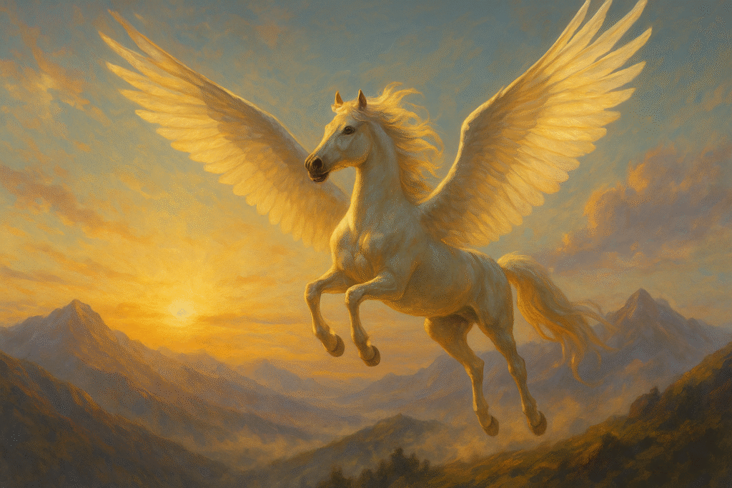 Radiant winged Rashi horse flying over Georgian mountains at sunrise, symbolizing freedom and divinity in mythical creatures art.
