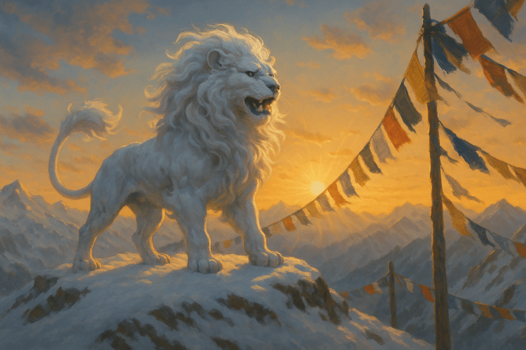 A white Snow Lion with a turquoise mane standing on a snowy Bhutanese mountain summit at sunrise, prayer flags fluttering beside it, symbolizing courage and joy in Himalayan mythology.