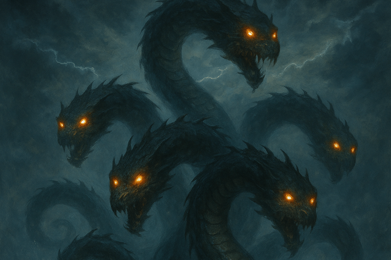 The seven-headed sea serpent Lotan rises from stormy waters with glowing eyes, symbolizing chaos and power in ancient Syrian mythology — fantasy art of mythical creatures from Middle Eastern lore.