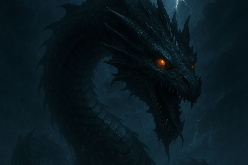 A massive sea dragon with glowing eyes rises from stormy waves beneath lightning-filled skies — fantasy art inspired by Tannin, the dragon of the deep from ancient Syrian mythical creatures lore.
