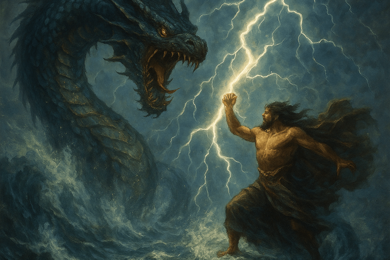 The storm god Baal Hadad confronts a massive sea serpent amid lightning and waves — a powerful scene from Syrian mythical creatures lore, captured in fantasy art inspired by Middle Eastern mythology.