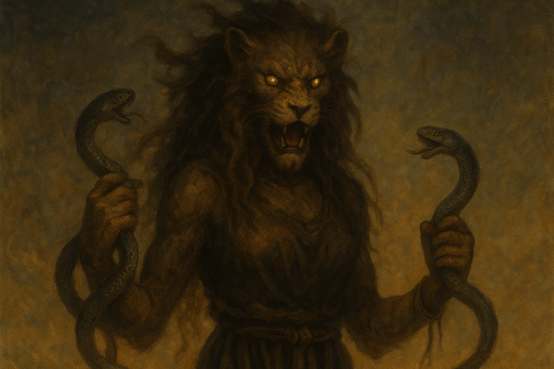 A lion-headed female demon holding two snakes under a desert sky, inspired by Lamashtu — the feared protector and destroyer spirit from ancient Syrian mythical creatures and Middle Eastern mythology.