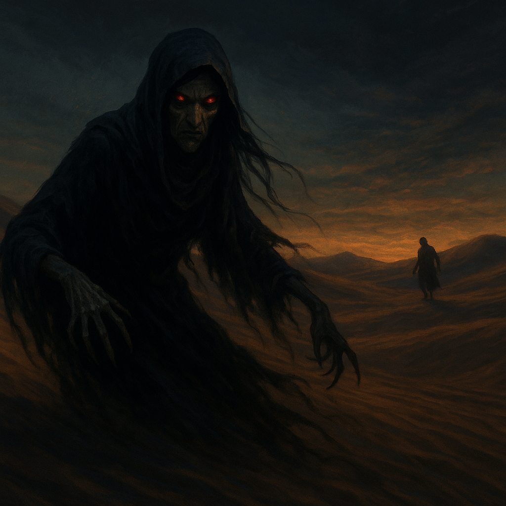 Illustration of Al Ghoula, a shape-shifting desert spirit stalking a lone traveler in the Bahrain dunes, mythical creatures fantasy art.