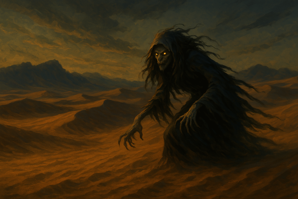 Illustration of Al Salewa, a wild desert witch-beast prowling through shifting dunes, mythical creatures fantasy art.