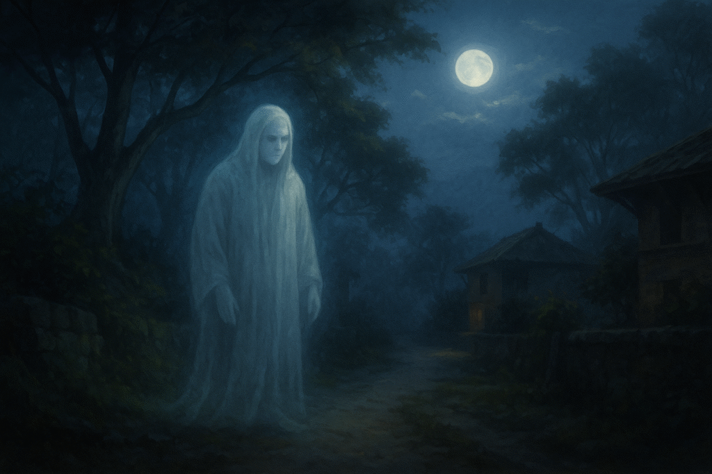 Semi-realistic digital painting of a gentle ghost-like Bhut spirit near a quiet Nepalese village path at night, with soft moonlight and a calm, reflective mood.