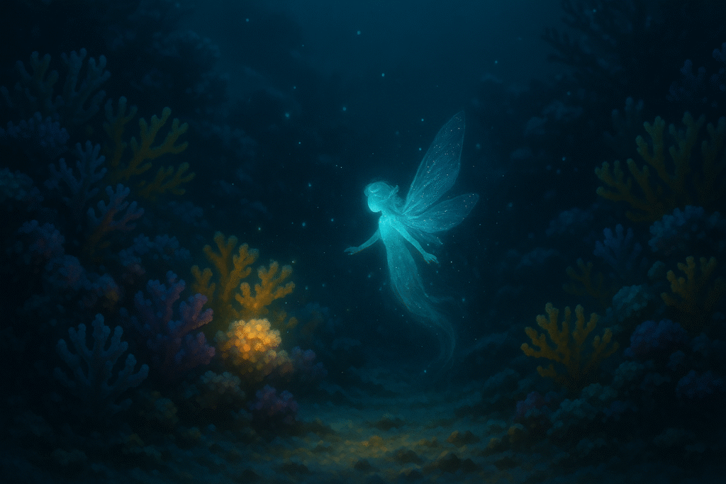 Fantasy artwork of Al-Murjan coral spirits glowing among vibrant Bahrain coral reefs, mythical creatures underwater illustration.