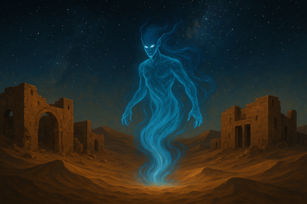 Artwork of a shimmering desert jinn rising from abandoned ruins in the Bahrain desert, mythical creatures fantasy illustration.