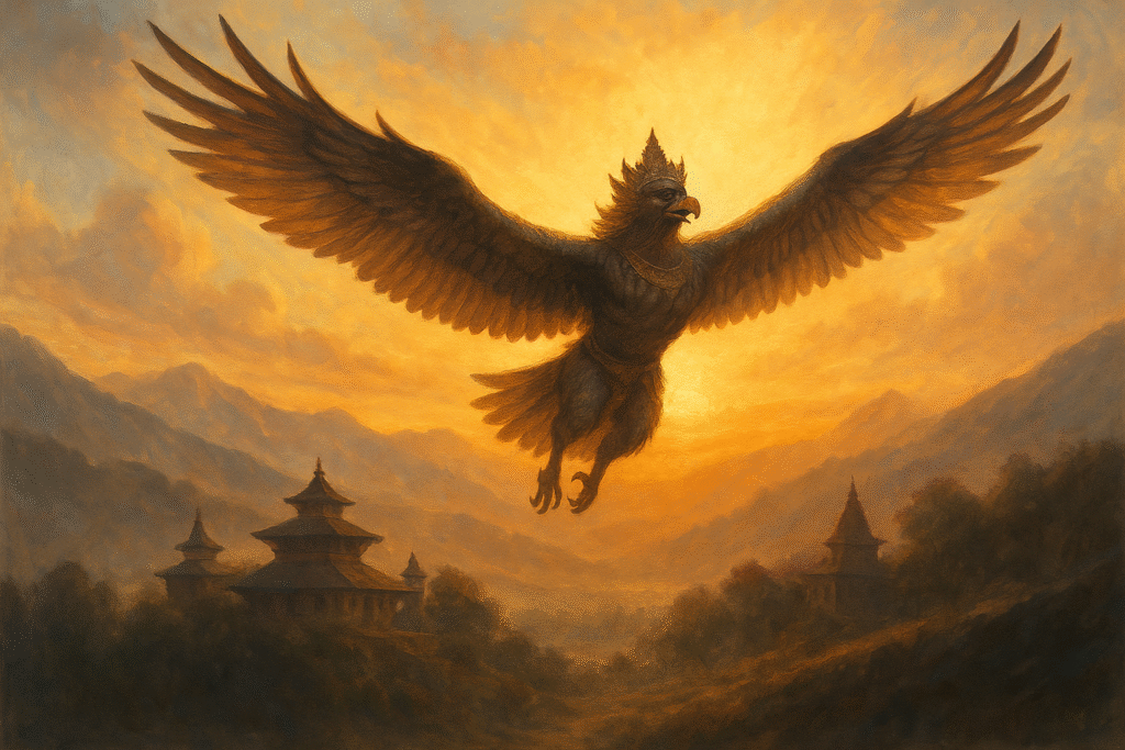 Semi-realistic digital painting of Garuda flying over Nepalese hilltop temples at sunrise, wings wide and glowing with warm golden light.