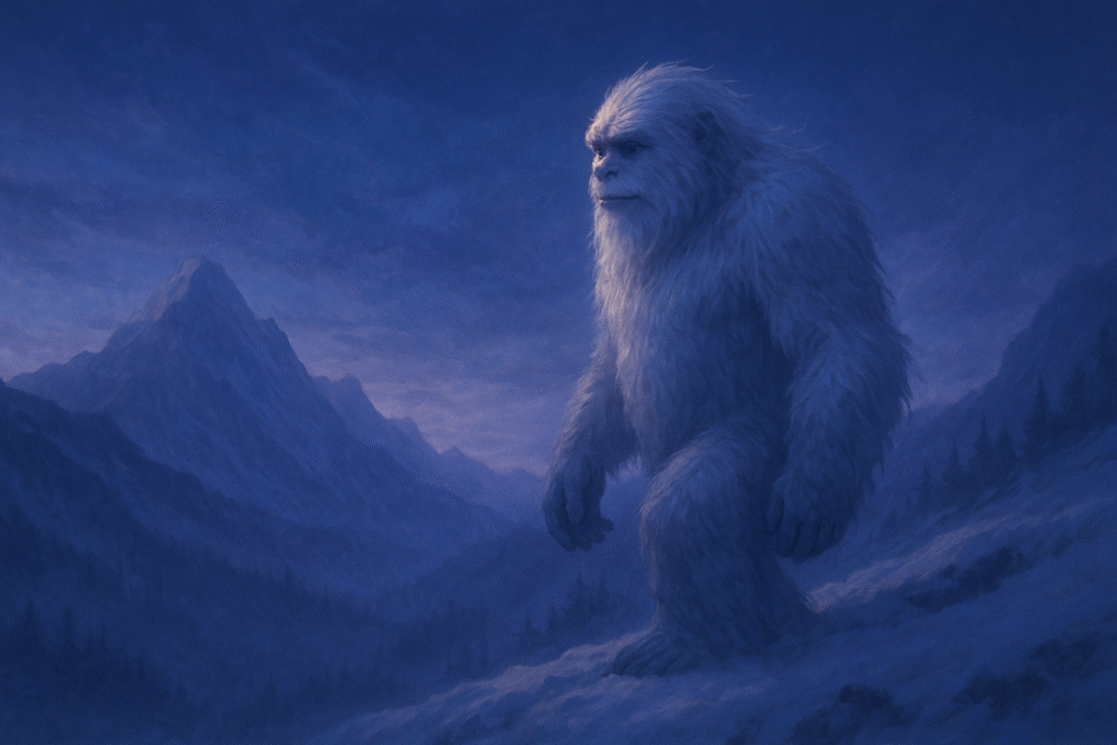 Dreamy cinematic fantasy illustration of a gentle Yeti standing on a snowy Himalayan ridge at sunrise, with soft mist and layered mountains in the background.