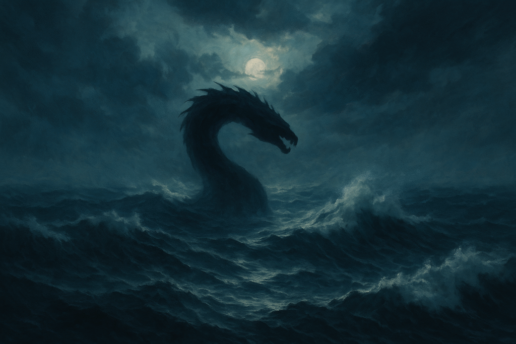 Fantasy art of the Hayya sea serpent’s massive silhouette moving beneath stormy Arabian Gulf waves, mythical creatures illustration.