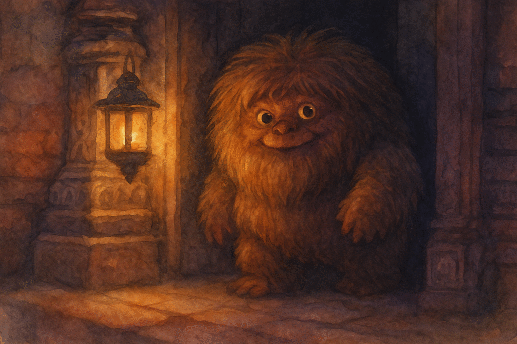 Dreamy cinematic fantasy illustration of a round, shaggy Khyah peeking from a dim temple corner, with warm lantern light and a playful, protective atmosphere.