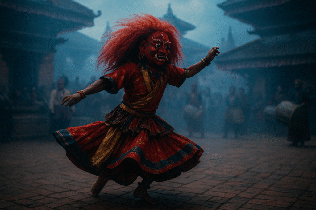 Dreamy fantasy-style illustration of a red-masked Lakhey dancer in motion during a traditional Kathmandu courtyard festival, with flowing costume and drums in the background.