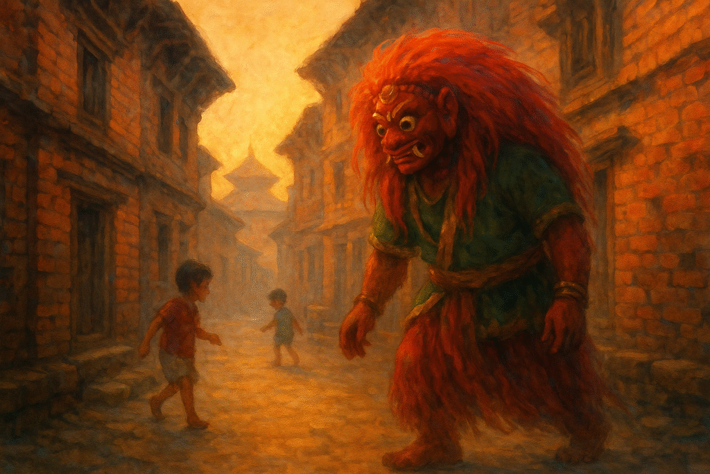 Dreamy cinematic fantasy illustration of Majipa Lakhey walking through an old Kathmandu brick alley at sunset, watching over children playing in a warm and gentle atmosphere.