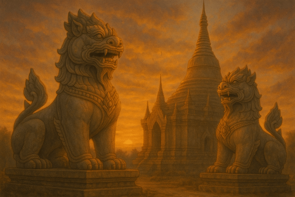 Stone Chinthe lion guardians sitting before a Burmese pagoda at sunset, glowing with warm light in a serene mythical scene.