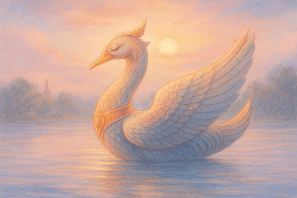 Elegant Hintha mythical bird floating on calm water at sunrise, painted in soft pastel colors with a serene, peaceful mood.