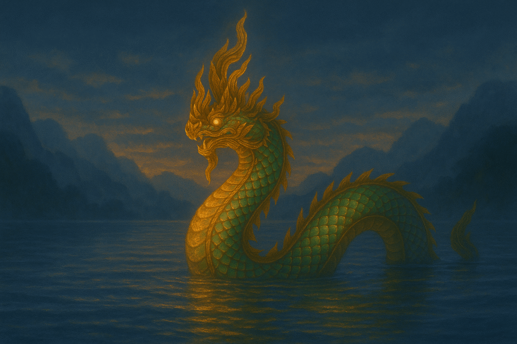Majestic Myanmar Naga with glowing green-gold scales rising from calm water at twilight, with misty mountains in the background.