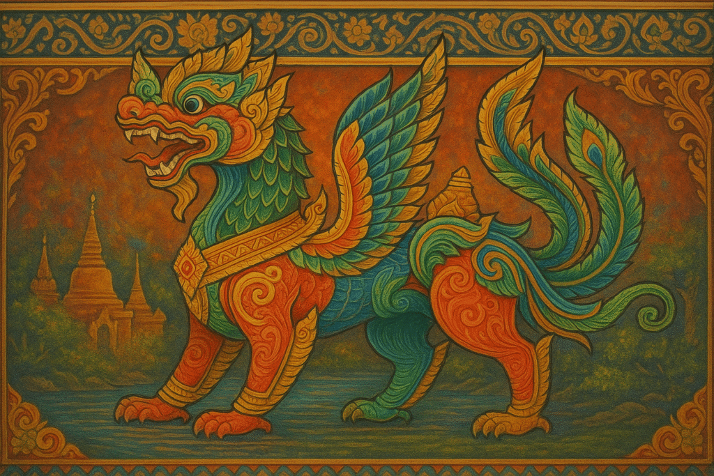 Colorful Pyinsarupa composite creature illustrated in traditional Myanmar art style with vibrant patterns and ornate detailing.