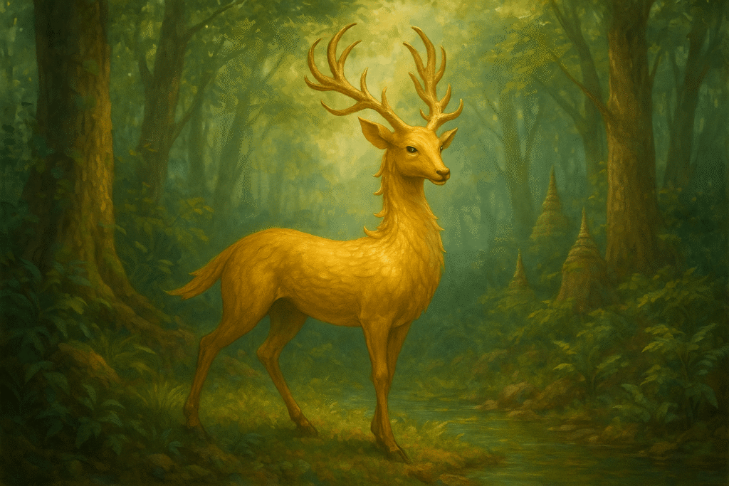 Golden Thamin mythical deer standing in a lush forest with soft sunlight shining through the trees.