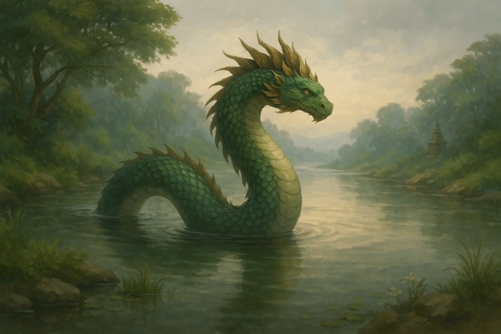 Semi-realistic digital painting of a Naga serpent spirit rising from a Nepalese river, surrounded by calm water and natural landscape, symbolizing protection and sacred life.