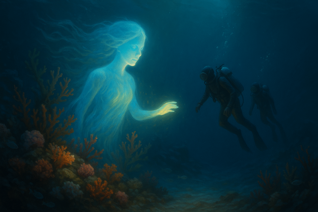 Artwork of glowing pearl-diver spirit guiding divers near coral reefs in the Arabian Gulf, mythical creatures fantasy illustration.