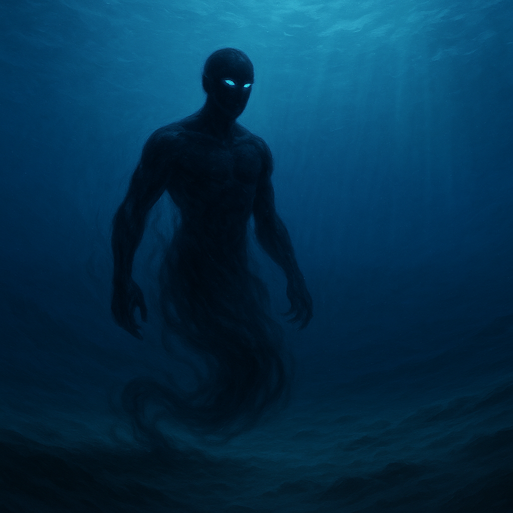 Illustration of a dark sea jinn drifting through deep blue Gulf waters, mythical creatures fantasy art.
