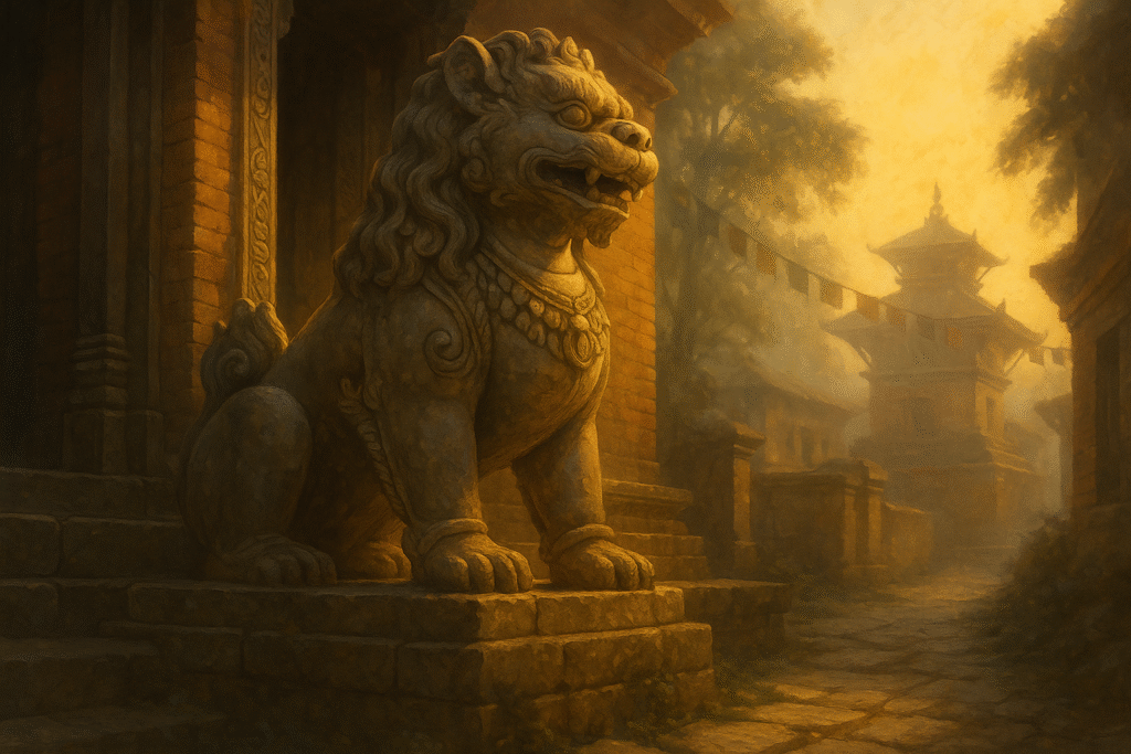 Semi-realistic digital painting of a stone Singha lion guardian at a Nepalese temple entrance, carved with intricate details and glowing in soft golden morning light.