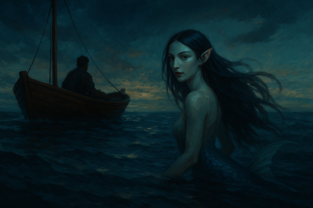 Semi-realistic artwork of an Arabian siren swimming beside a small fishing boat at night, mythical creatures fantasy illustration.