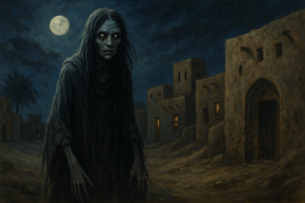 Art of Umm Al Subyan, a ghostly spirit lurking near old Bahrain village homes at night, mythical creatures fantasy illustration.