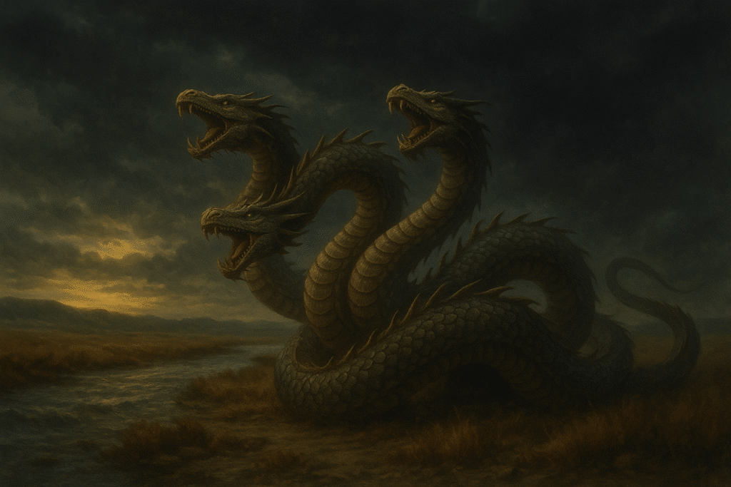 Azhdakha, a multi-headed steppe dragon coiled near a river under dark skies, illustrated as a powerful Kazakh mythical creature.