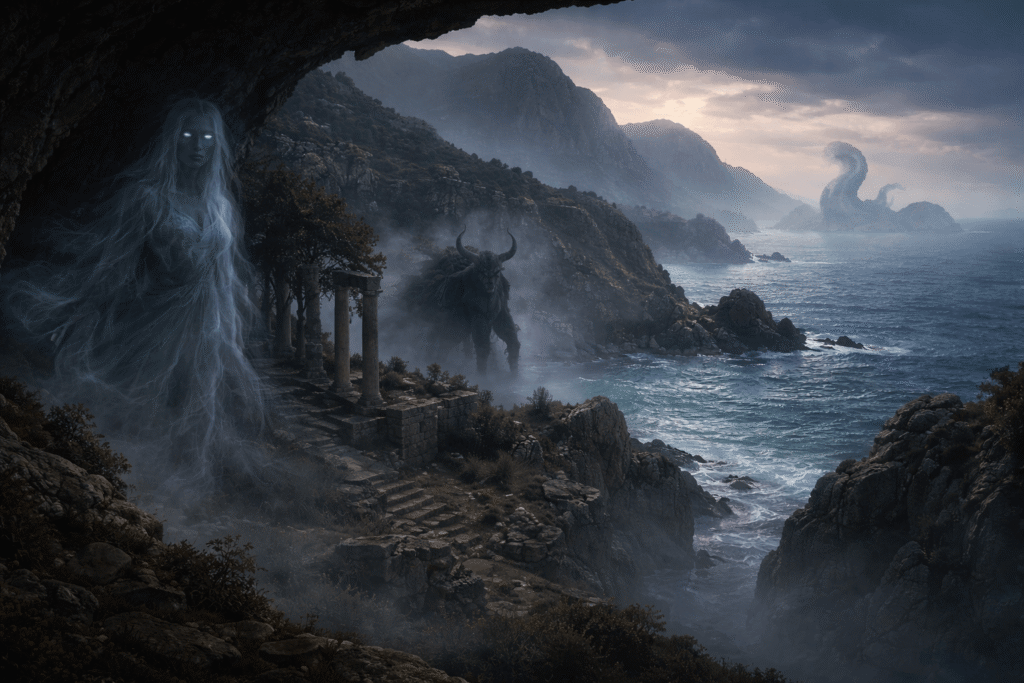  Shadowy mythical creatures across the sea, caves, and mountains in ancient Cyprus

