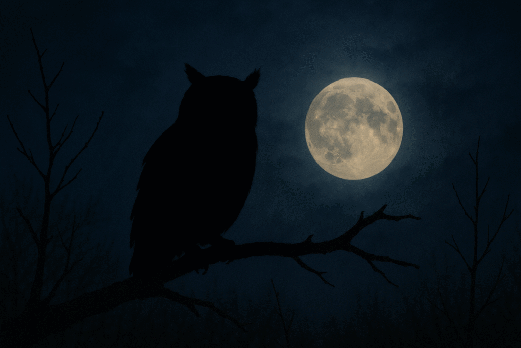 Owl silhouette perched on a branch in front of a full moon, representing the Sri Lankan Ulama, also called the Devil Bird.