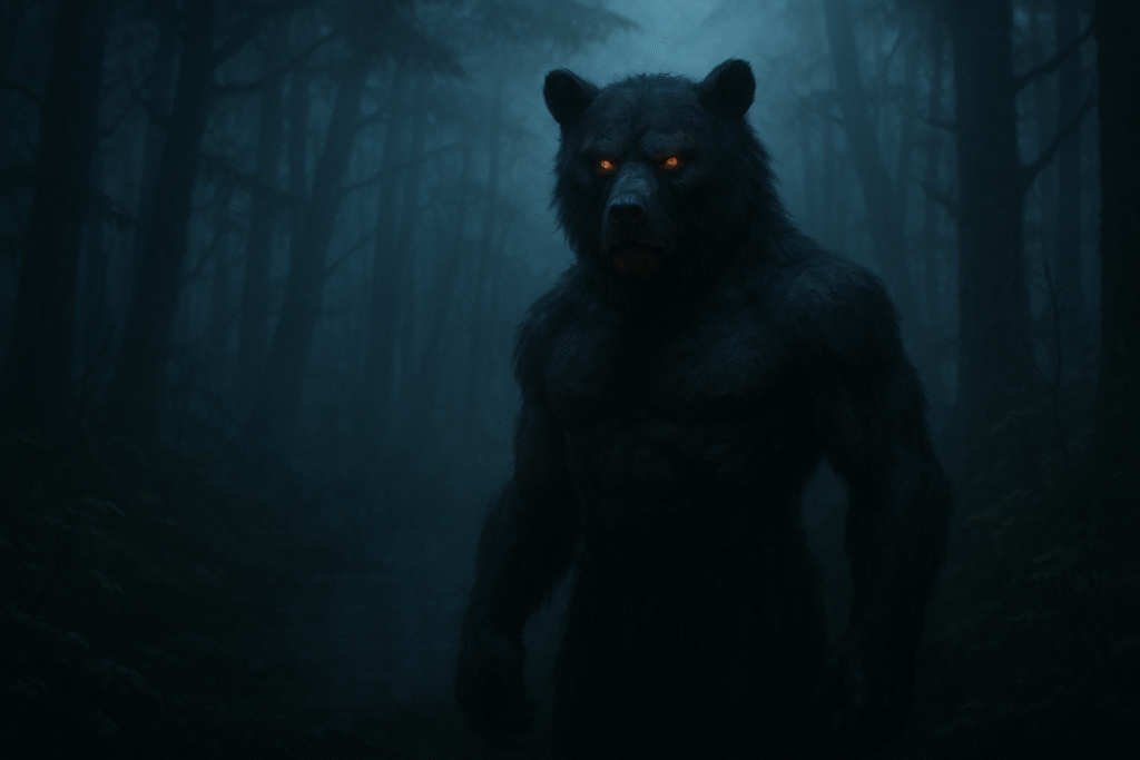 Bear-headed mythic figure standing in a misty night forest, representing the Sri Lankan demon Mahasona in mythical fantasy art.