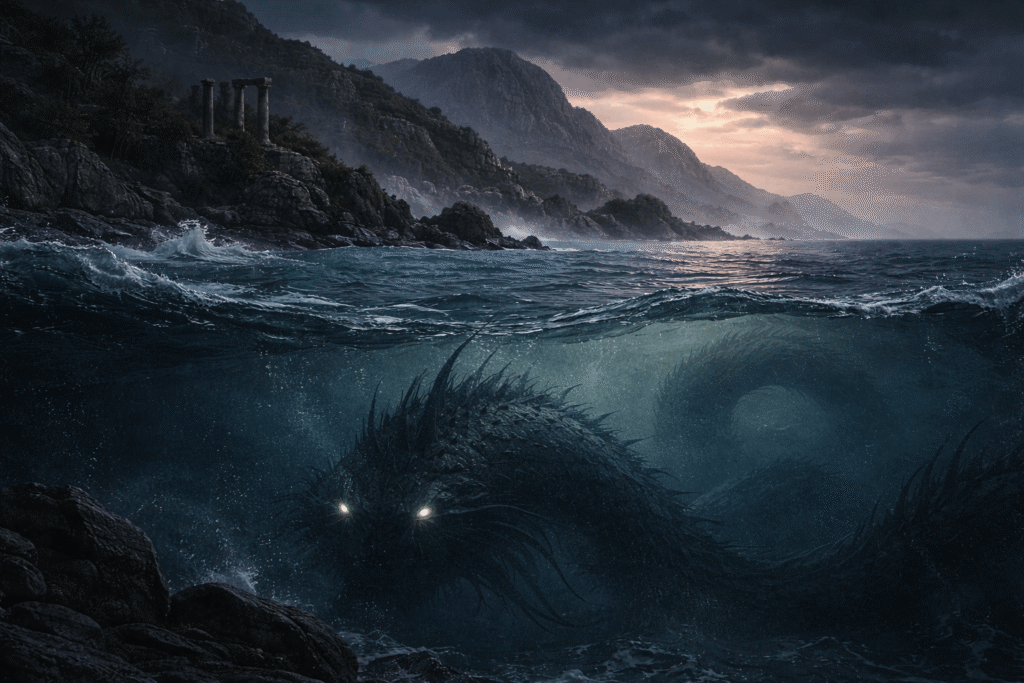 Dark mythical sea creature beneath Mediterranean waves near ancient Cypriot cliffs