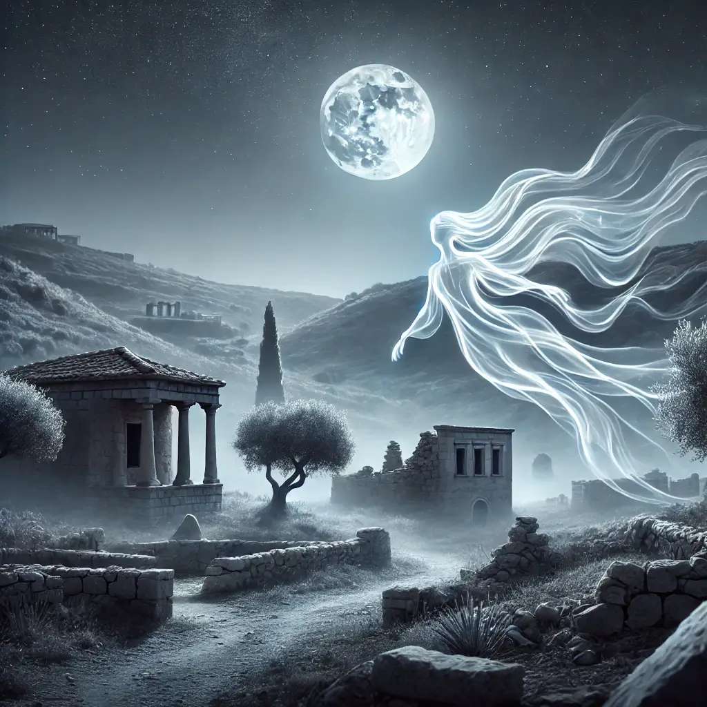  Ethereal spirit moving through a moonlit ancient Cypriot landscape
