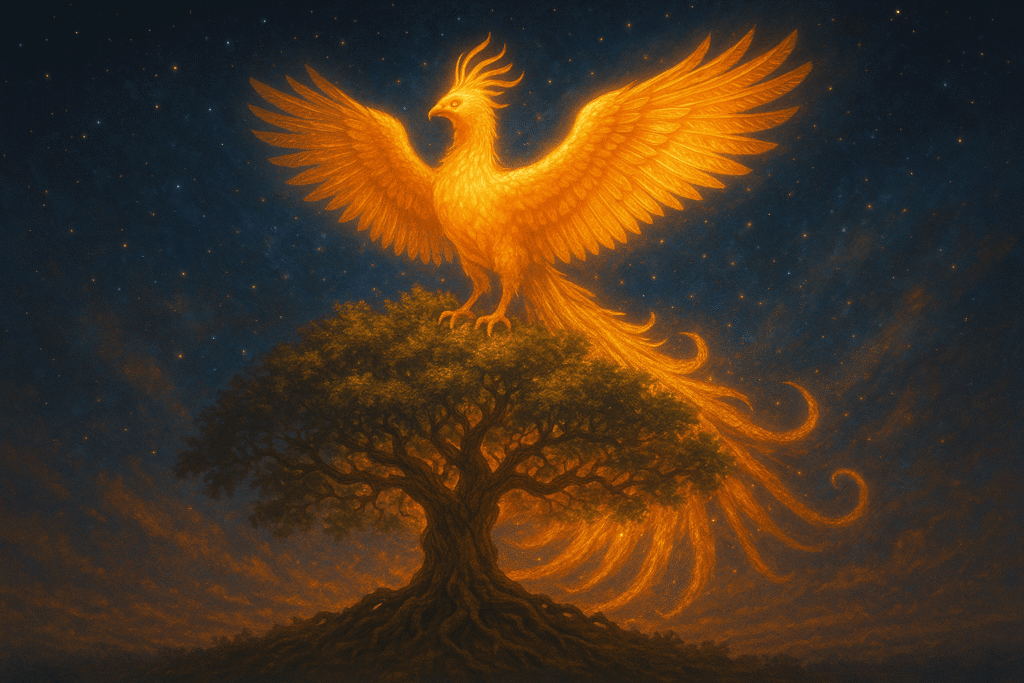 Samruk, a radiant cosmic bird with glowing feathers perched on the Tree of Life, illustrated as a Kazakh mythical creature.