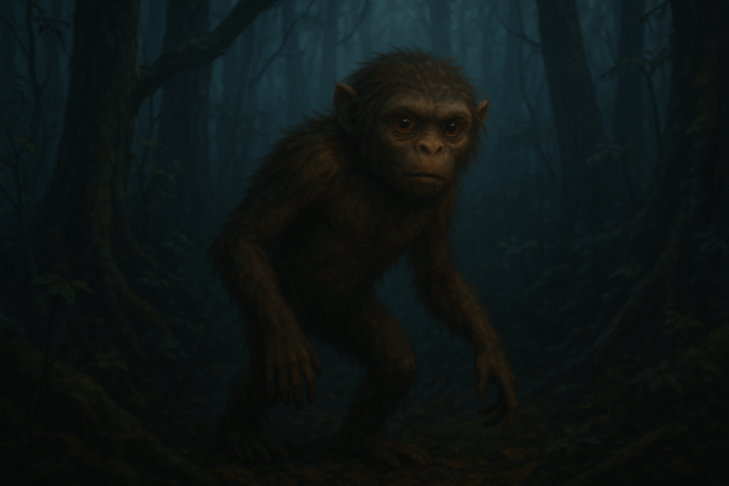 Small humanoid cryptid with glowing eyes in dark forest shadows, inspired by legends of the Sri Lankan Nittaewo.