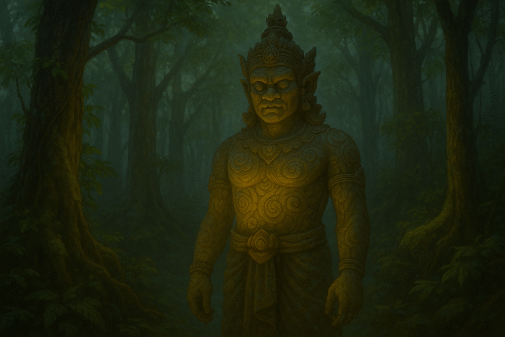 Forest spirit figure with soft glowing light in dense woodland, inspired by Sri Lankan Yakka mythical creatures.