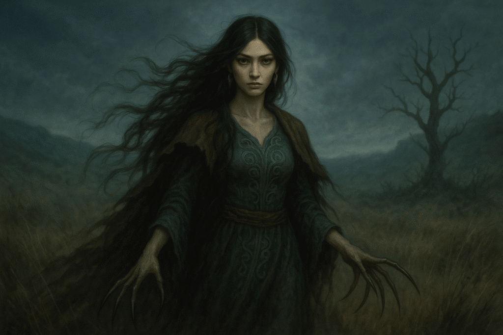 Zheztyrnak, a beautiful spirit woman with long iron claws standing in a wild, eerie steppe setting, portrayed in mythical creatures art.