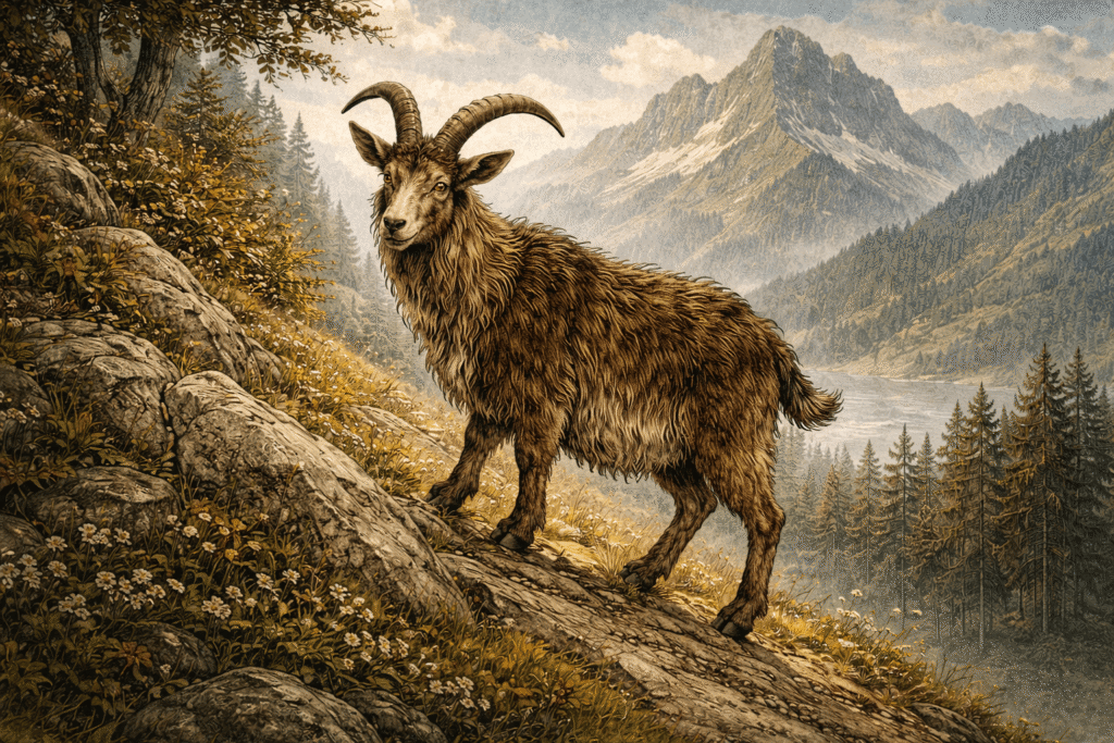 The Dahu standing sideways on a steep alpine slope in French mountain folklore
