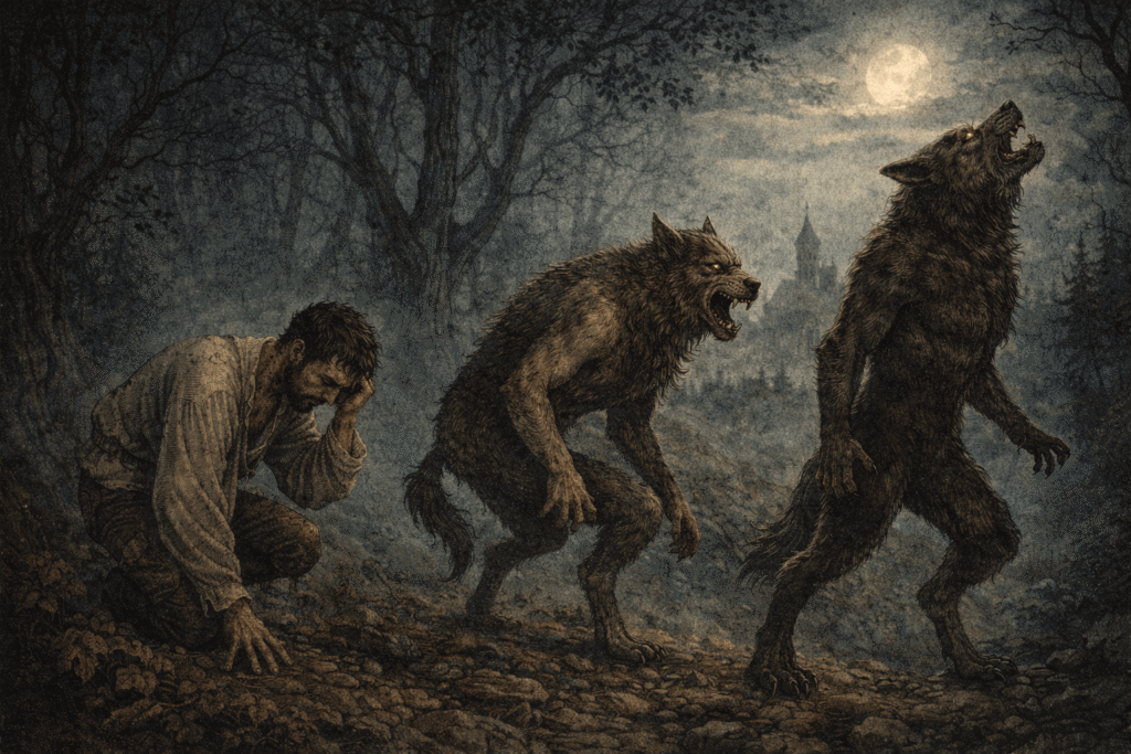 A Loup-Garou transforming from human to wolf under a full moon in medieval France
