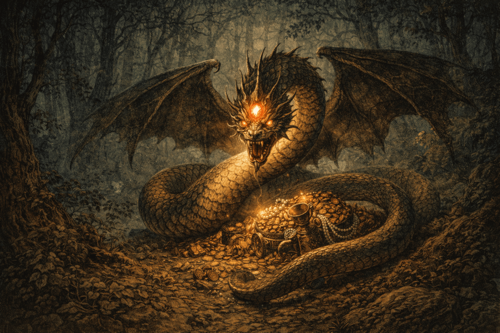 The Vouivre guarding treasure in a dense forest with a glowing jewel from French folklore
