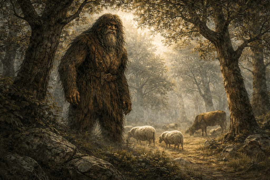 Basajaun forest giant watching over livestock in a Basque woodland